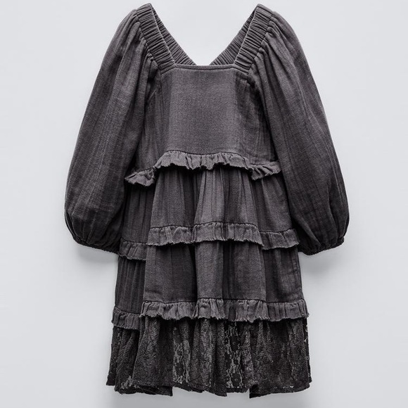 🩶ZARA Kids Lace Panel Dress Gray Size 11–12 (152 cm) V-Neck Long Sleeve🩶 - Picture 2 of 6